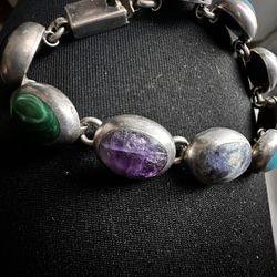 Vintage MEXICO TAXCO 950 Sterling Silver Bracelet Multi Gem Link Bracelet 7"