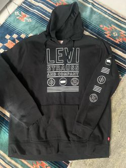 Black Levi's Strauss & Company hoodie features white graphics and a drawstring hood.