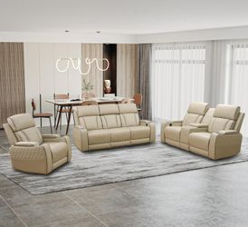 New in stock beige bonded leather electric 2pc recliner sofa loveseat special 