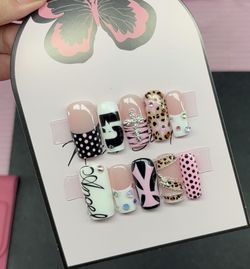 Medium square press on nails animal print polka dots stars rhinestones black gel