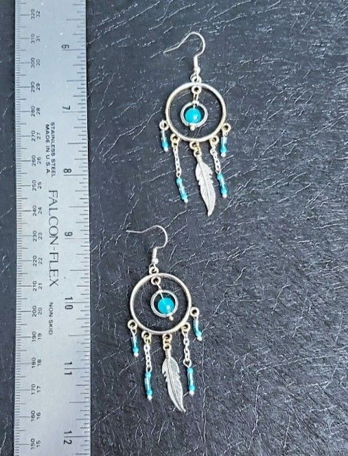 Turquoise Stone, Earrings, Silver Beaded Chain Hoop Earrings