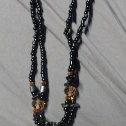 Black Bead And Plastic Pendant Necklace 
