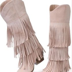 Brand New Cowgirl Boots for Women Retro Pointed Toe Pull On Block Chunky Heel Fringe Country Concert Outfits Knee High Western Suede and Faux Leather 