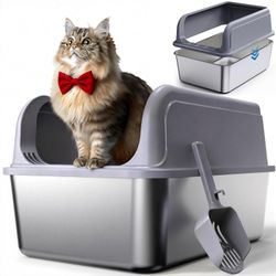 Stainless Steel Cat Litter Box High Sided with Scoop Size Length 17", Width 13" New Condition