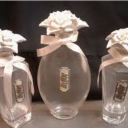 3 Vintage Kefla Depose Cellini Perfume Bottles w Porcelain Rose Stoppers.