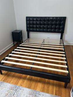 Queen Platform Bed Frame with Square Stitched Headboard, Faux Leather, Black