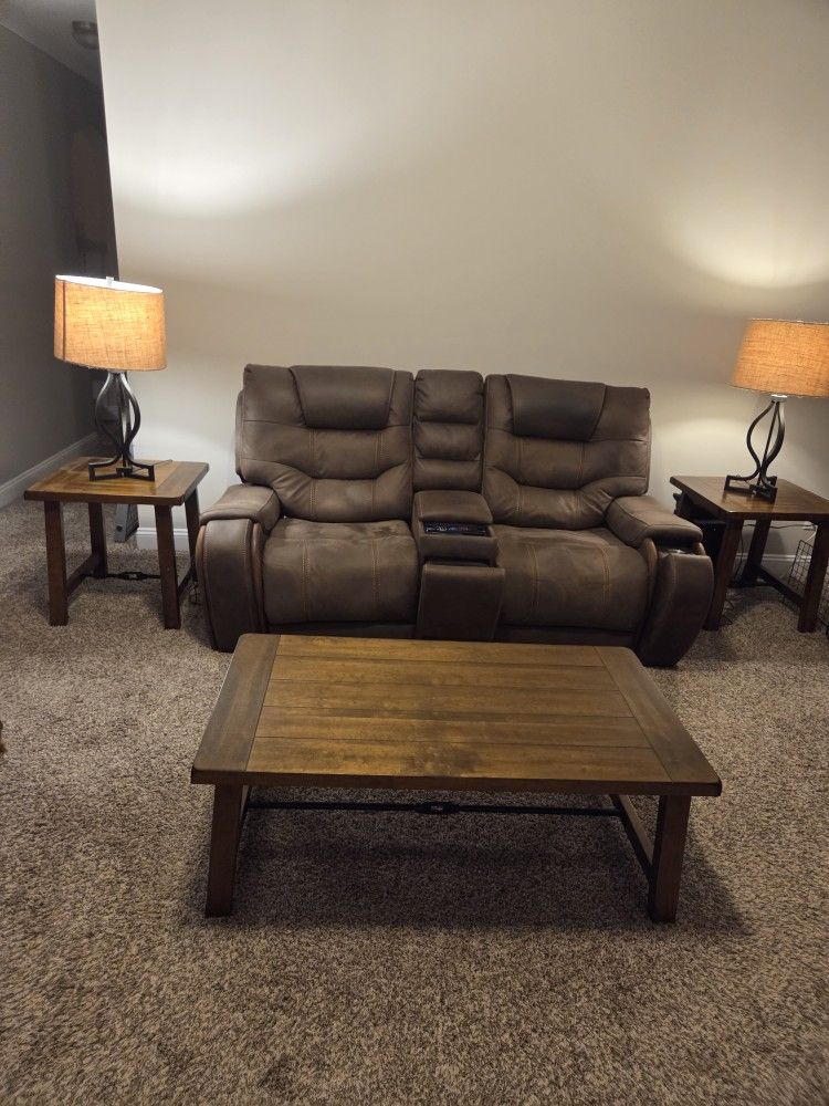 Faux Leather Electric Sofa, Loveless, Tables, And Lamps.