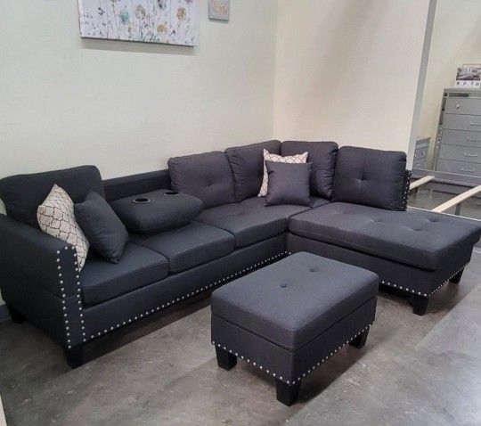 ✅️✅️3 pc charcoal linen like fabric sectional sofa drop down cup holder chaise and ottoman nail head trim ✅️
