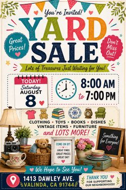 Yard Sale Today 8-8-26 8am-7pm