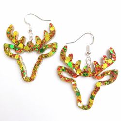 Sterling Silver Multicolor Christmas Reindeer Glitter Resin Dangle Earrings New