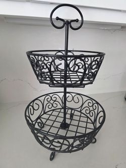 Black Wrought Iron 2 Tier Fruit Basket Stand