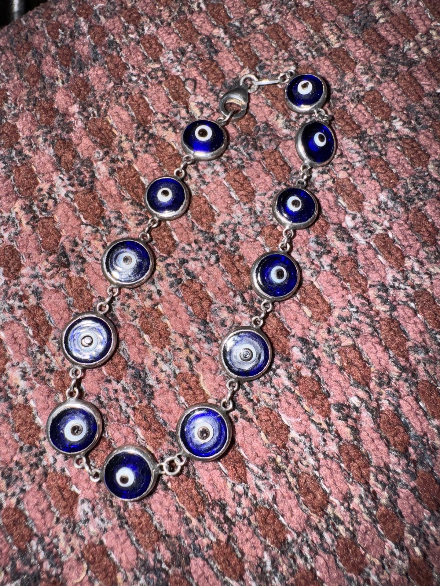 Vintage Sterling Silver Glass Blue Evil Eye Bracelet, Marked MWS