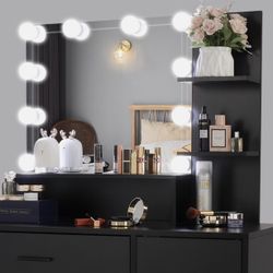 Vanity Set with 10 LED Lighted Mirror Makeup Dressing Table Dresser Desk Black