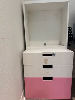 Ikea White and Pink 3-Drawer Storage Unit with Open Shelf