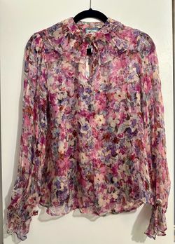 Johnny Was 100% Silk Beautiful Floral Ruffled Tie-Neck Blouse-Size XS (runs large)