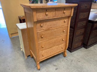 Vintage 6-Drawer Burlwood Rolling Tallboy Dresser