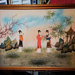 Vintage Asian Painting on Canvas Signed by the Artist Large 53"×42.5"