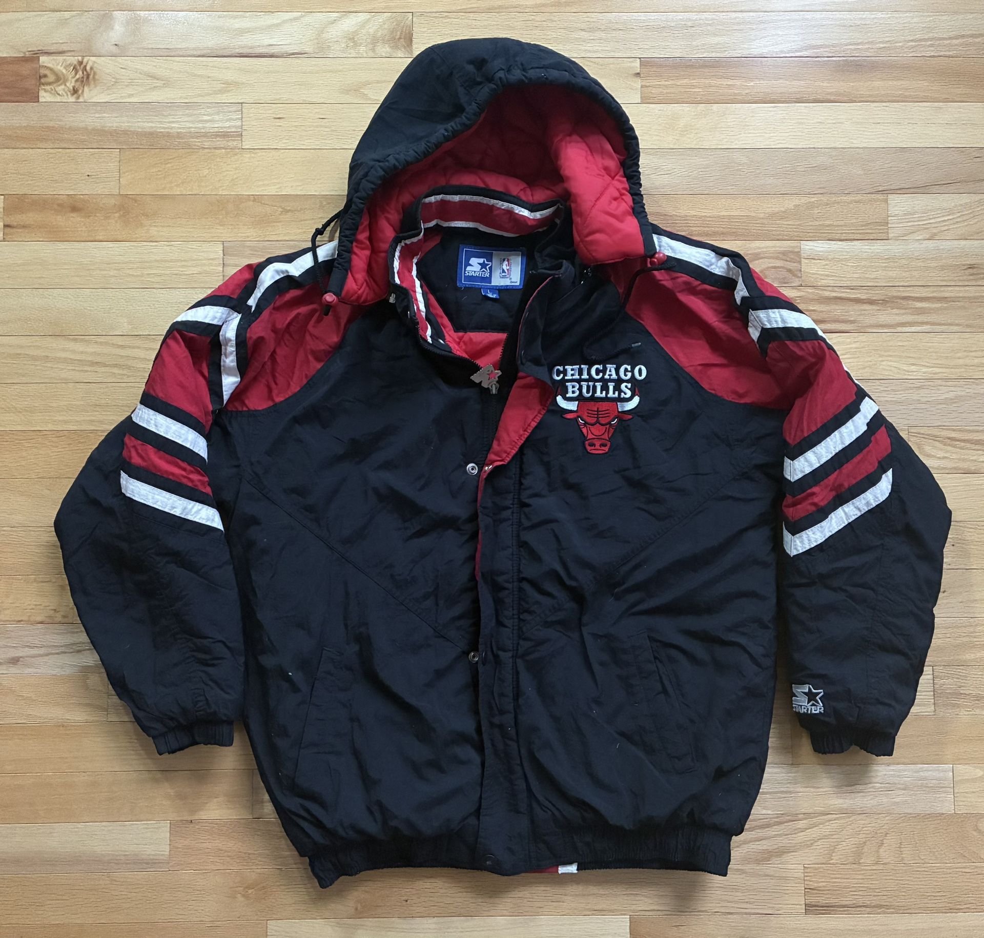 Vintage Chicago Bulls Starter Jacket NBA Hooded Coat Men’s Size L  