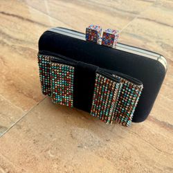 Evening Clutch Purse With Rhinestone Bow Black Bag