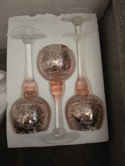 Set of 3 Rose Gold Crackle Glass Candle Holders