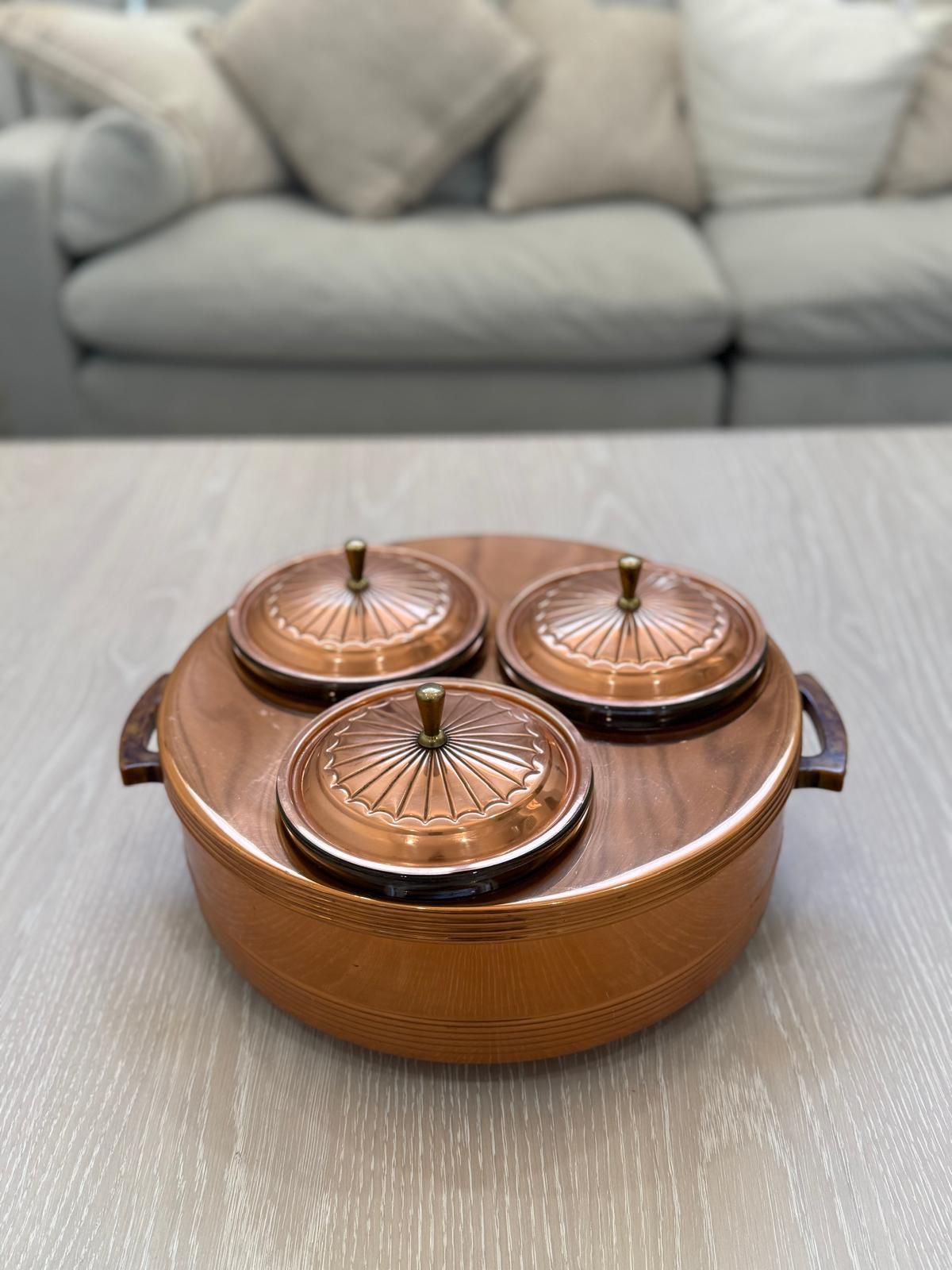 Vintage Mid-Century Copper Lazy Susan with 3 Glass Insert Bowls & Lids