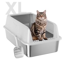 Stainless Steel XL Cat Litter Box for Cats, High-Sided Design Prevents Urine Leakage, Non-Stick, Easy to Clean, Includes Scoop, Gray