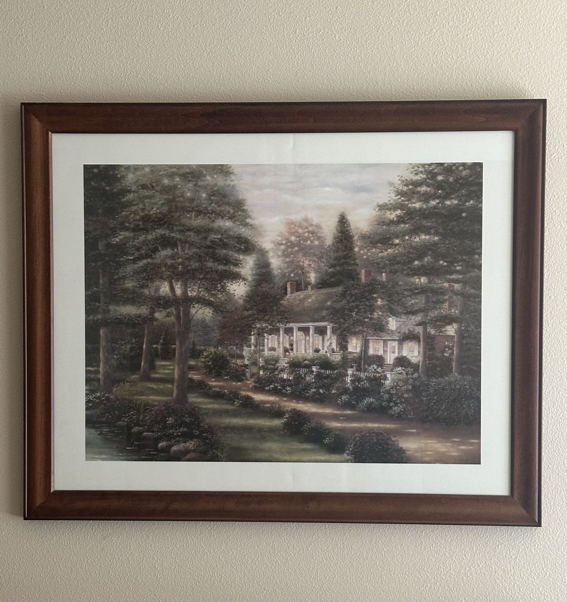 🏡 Wood Framed Thatched Roof Cottage Print with glass and Matte Frame measures 31”Lx 25”H Smoke and pet free home. PU in Kennewick near Canyon Lakes G