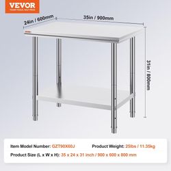 Stainless steel prep and work table with bottom shelf, 24 x 36 inches