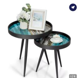 Set of 2 Coffee Table Stylish Nesting End Tables w/ Wooden Tray Top & Steel Legs
