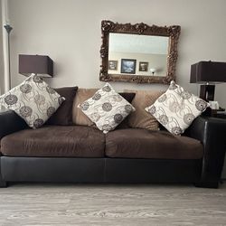 Wide-Armed 87” Long Brown/Tan 8 Cushion Faux Leather Sofa