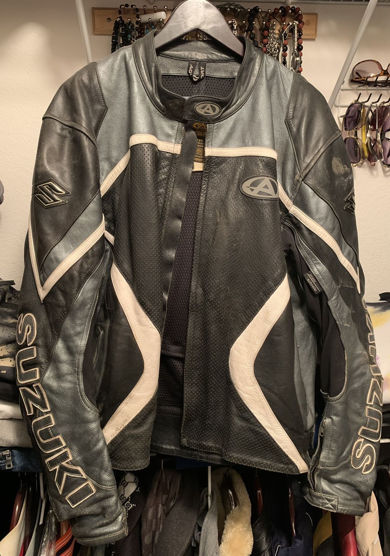 Professional leather, motorcycle jacket, gray, and black men’s size 52