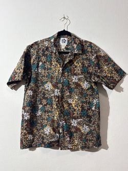 Vintage Hilo Hattie Men’s Hawaiian Button Up Shirt Floral Brown White Cream