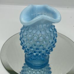 Vintage Fenton Mini Vase Hobnail Blue Opalescent Glass with Ruffle Top 3.75" 
