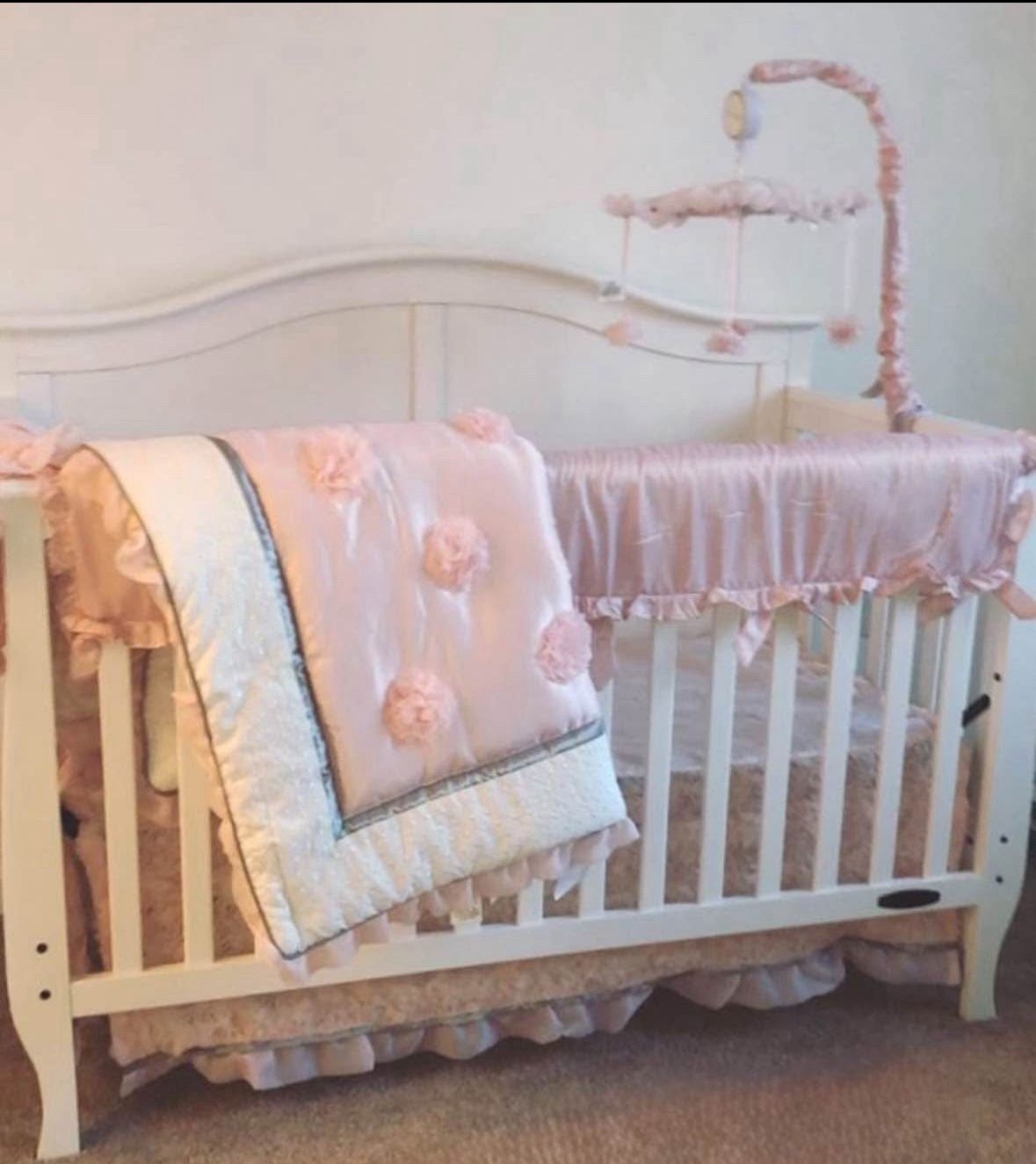 White Crib (Convertible Style) + Mattress Only. *Bedding set sold separately.*