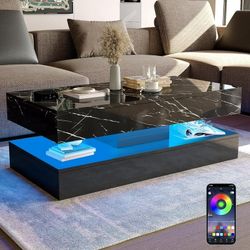 Large Black LED Coffee Table with 2 Storage Drawers, Modern High Gloss Coffee Table w/20 Colors LED Lights/APP Control, 2 Tiers Rectangle Large Living