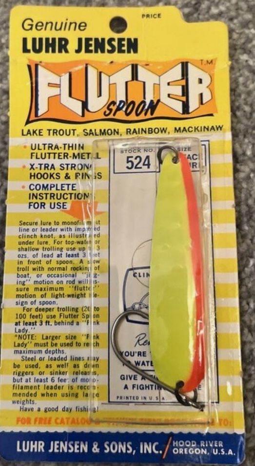 Vintage Luhr Jensen Flutter Spoon #524 Size 44Chartreuse– Fire Stripe