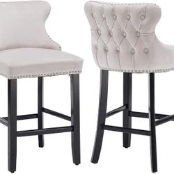 26 Inch Counter Height Bar Stools Set of 2, Modern Velvet Upholstered Barstools with Solid Wood Legs and Button Tufted Backrest, Beige