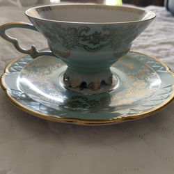 mitterteich bavaria germany Tea Cup And Saucer - Aqua And Gold Coloring