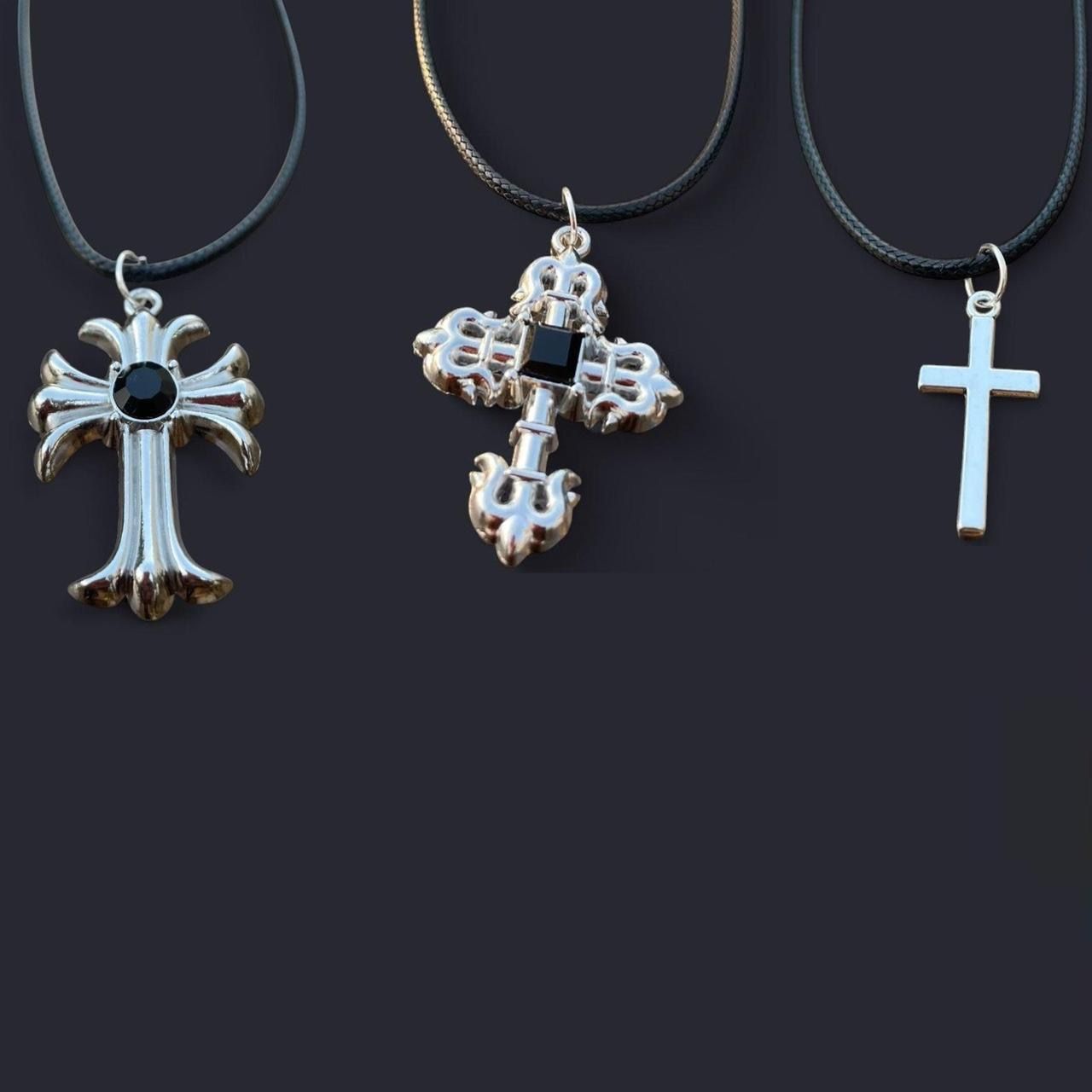 3 Pcs HANDMADE Gothic Silver Cross Necklaces, cross with black leather cord - Cool & Chic Antique punk emo grunge Necklace- Adjustable