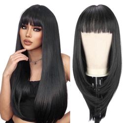 24 Inch Long Natural Black Wig with Bangs, Synthetic Hair Wigs