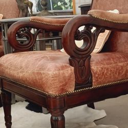 Luxurious Leather And Studded Brass Lounge Chairs & ottoman