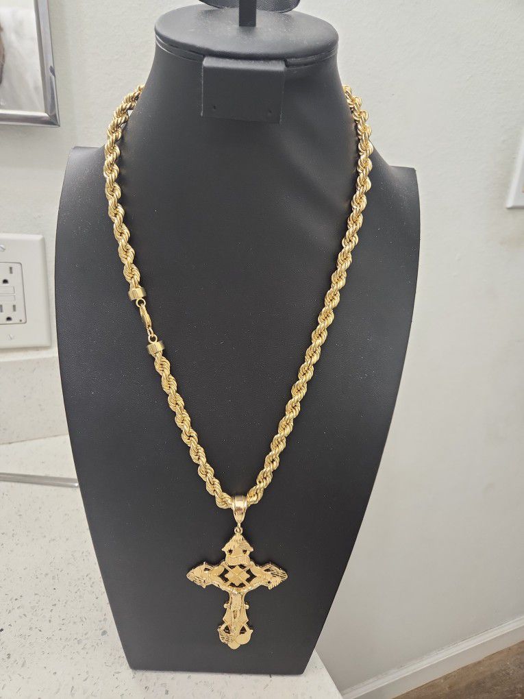 8mm26" Plated Rope Chain With 4" Cross Pendant .925 Sterling Silver 14kt Gold Overlay 
