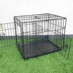 (NEW) $25 Double Door 24” Dog Crate Cage Folding Metal Kennel, Plastic Tray 24x17x19 Inches 