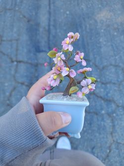 Vintage Bonsai carved glass Cherry Blossom Flower Asian Mineral stone