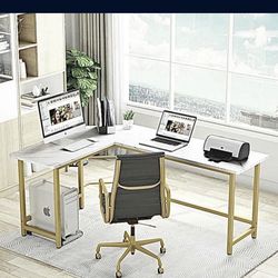 White Faux Marble Print L-Shaped Writing Desk (Gold)