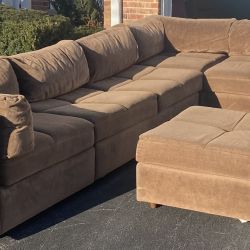 Light Brown Sectional Couch Set With Pull Out Bed And Ottoman 