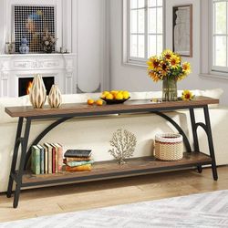 Turrella 70.8 in. Rusitc Brown Rectangle Wood Narrow Console Table Extra Long TV Console with 2 Tier Storage Shelves