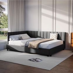 Brand new Full Size L-Shape Corner Bed Frame, Velvet Upholstered Channel Tufted Daybed, Floor Platform Bed with Soft Headboard for Bedroom Nook, No Bo