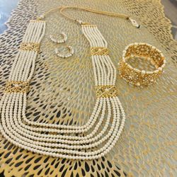 pearls gold palted long malla with earings and gold plated bangle with pearls bangle size 3"