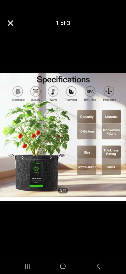 VIVOSUN AIR PRUNING FABRIC POTS 10 GALLON,  WITH HANDLES,  AND PLANT MARKERS IN PACKAGE,  NEW UNOPEN